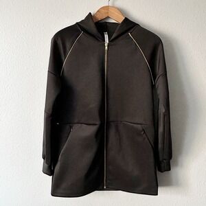 Fabletics Livia Black Scuba‎ Zip Up Hoodie Jacket Gold Trim Women's Size Medium